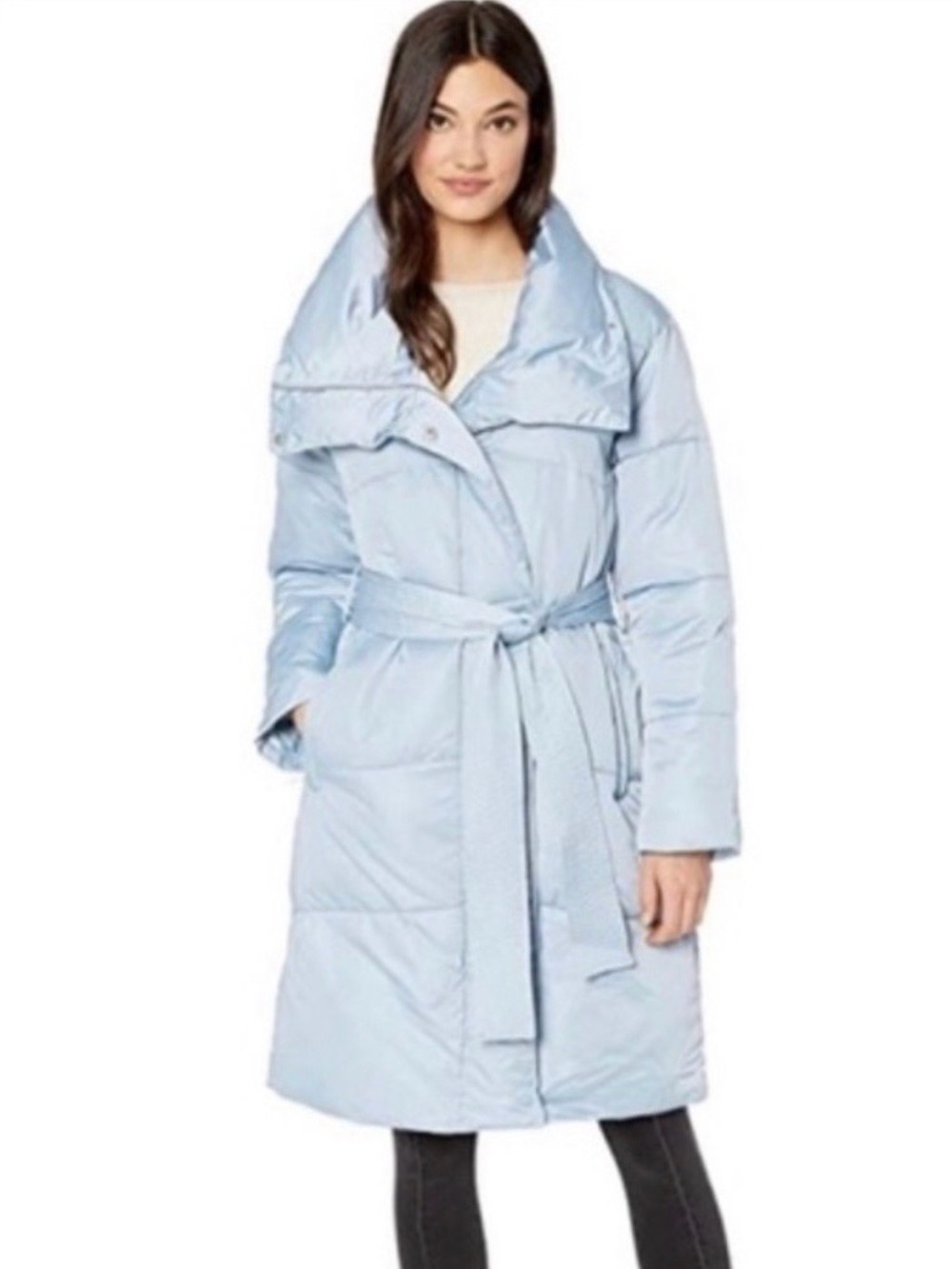 Avec Les Filles Anthropologie womens ice blue belted puffer coat Size XS Winter